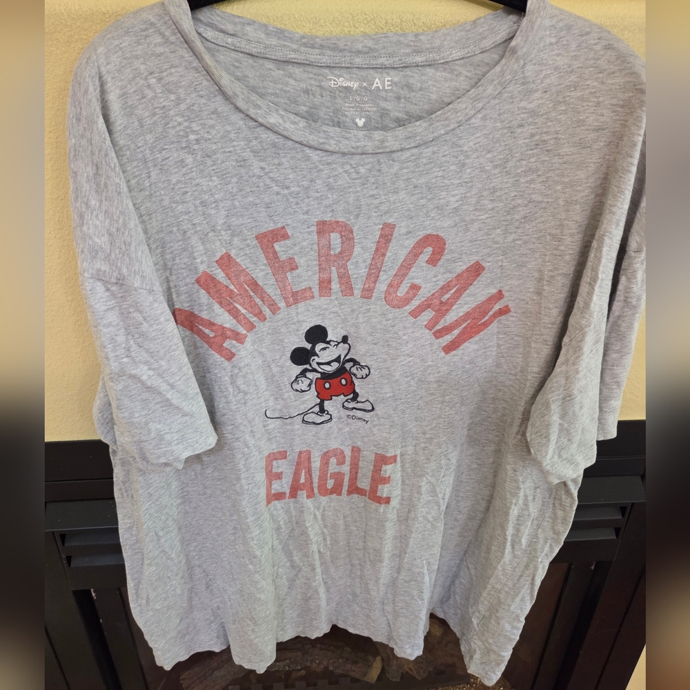 Disney X Ae American Eagle Mickey Mouse Embroidered Graphic Short Sleeve Tee Lar